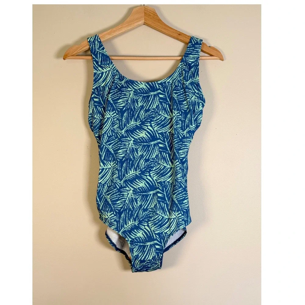 LL Bean Womens Blue Green Tropical Palm Leaf One Piece Swimsuit UPF 50+ Size 8‎